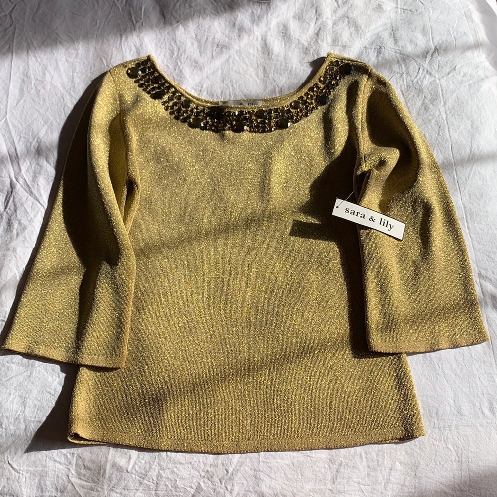 NWT Sara & Lily gold metallic sweater top with beads at neck line. Size Medium